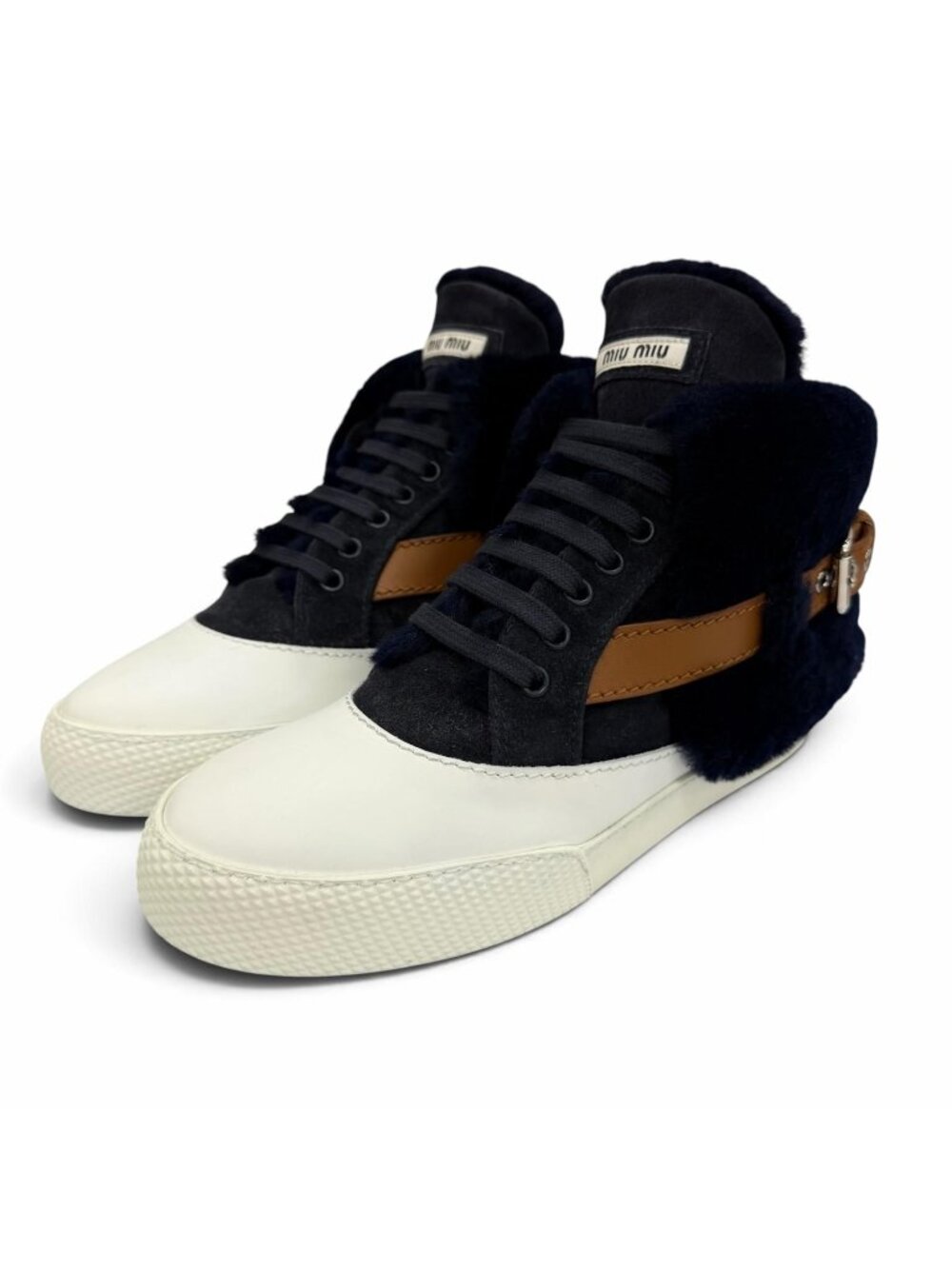 Miu Miu Sheepskin Shearling Fur Leather High Top Sneakers Navy